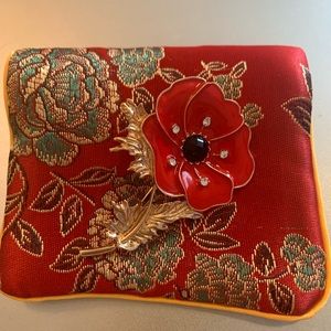 Enameled Poppy Brooch Set In Rosetone W/Austrian Crystal